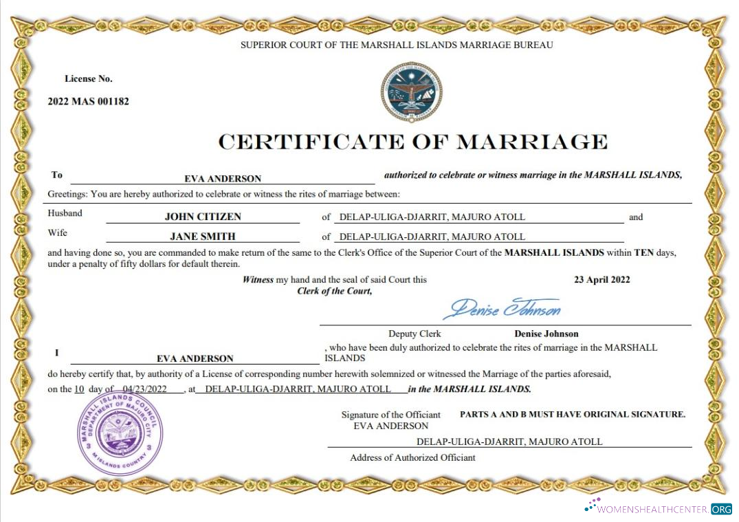 Download Marshall Islands marriage certificate Word and PDF template Photoshop template